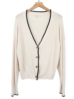 Marled Cream Contrast Trim Ribbed V Neck Button Cardigan Medium